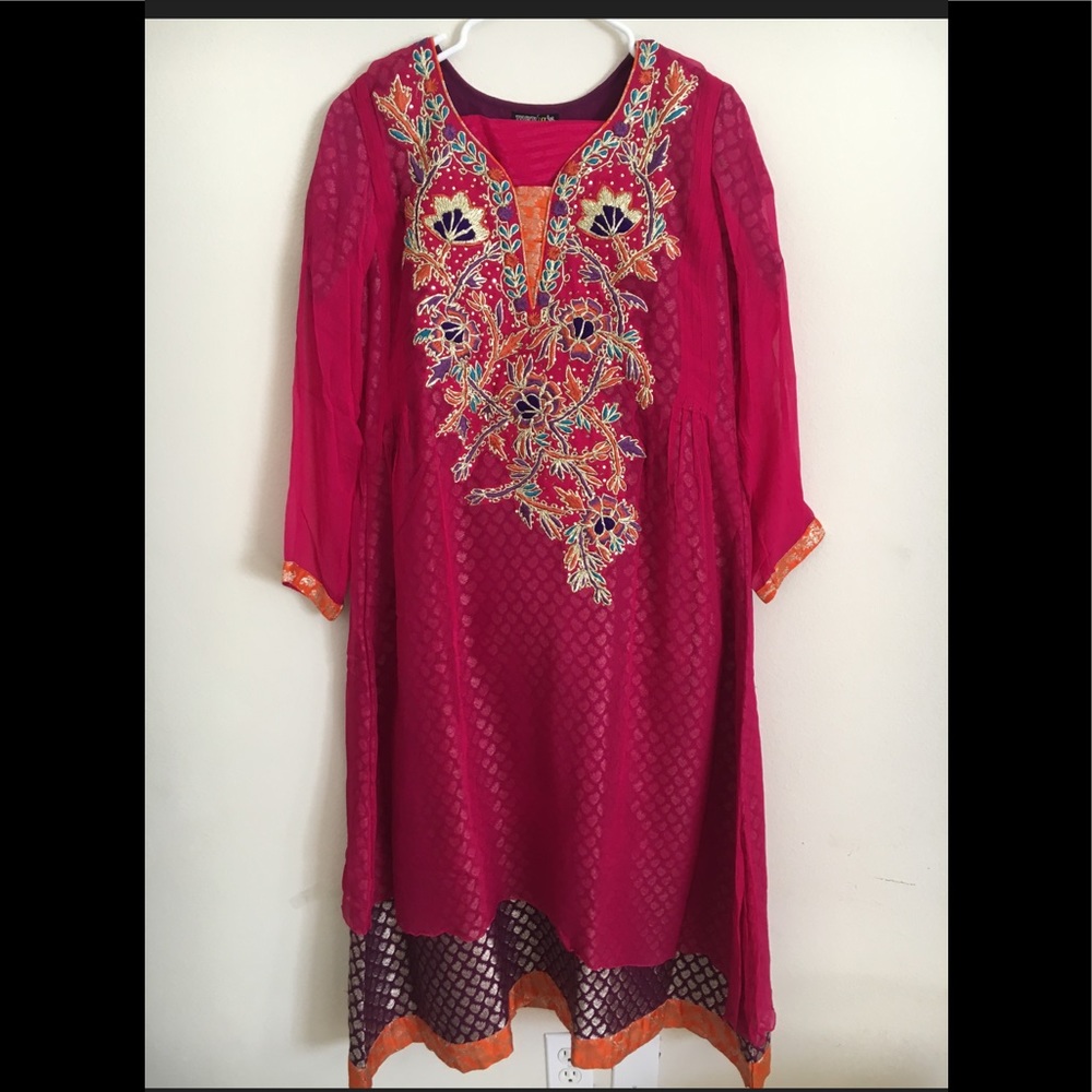 3 piece shocking pink embroidered suit